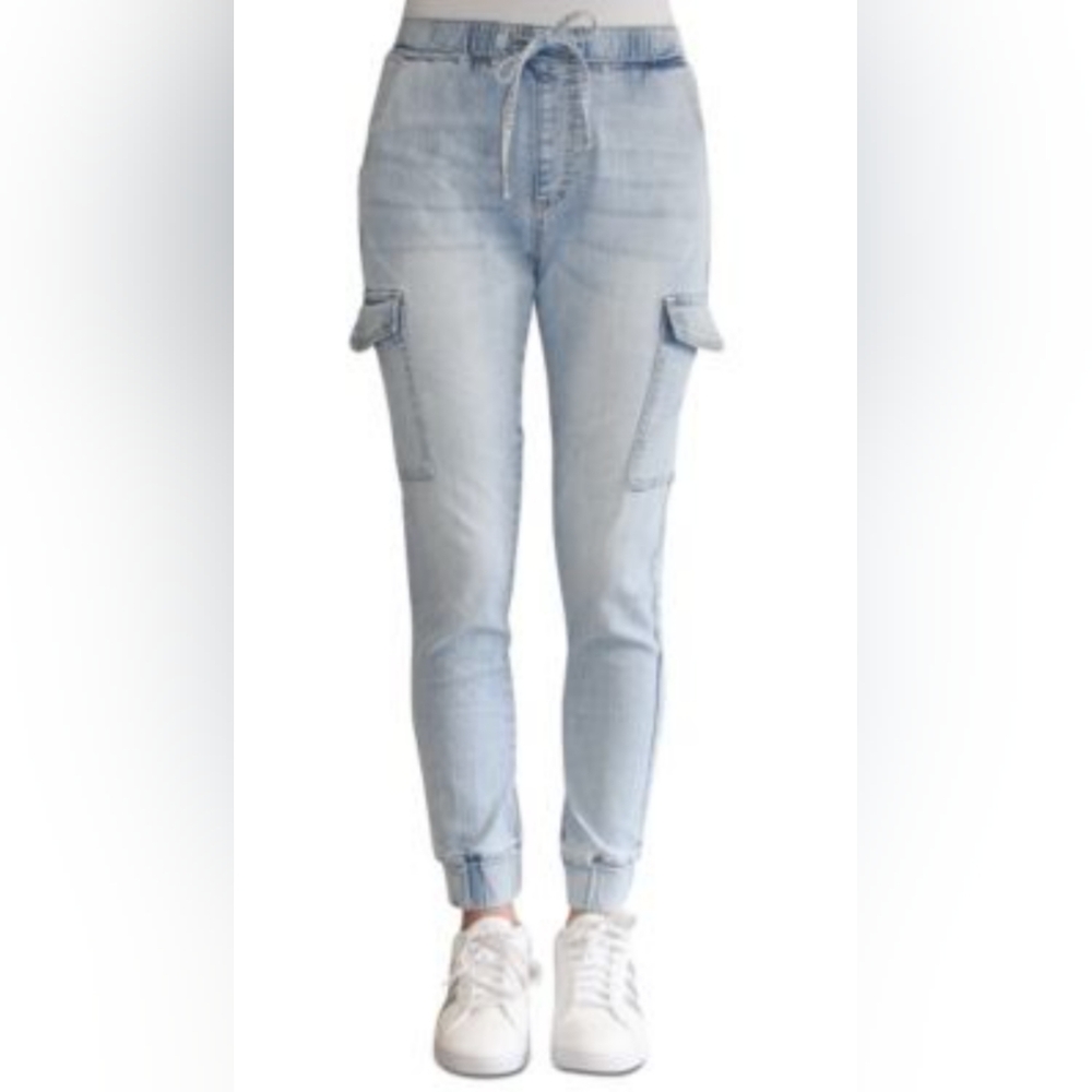 Almost Famous Denim Cotton Blend Cargo Tie Waist Jogger/Jeans Women's Size XS